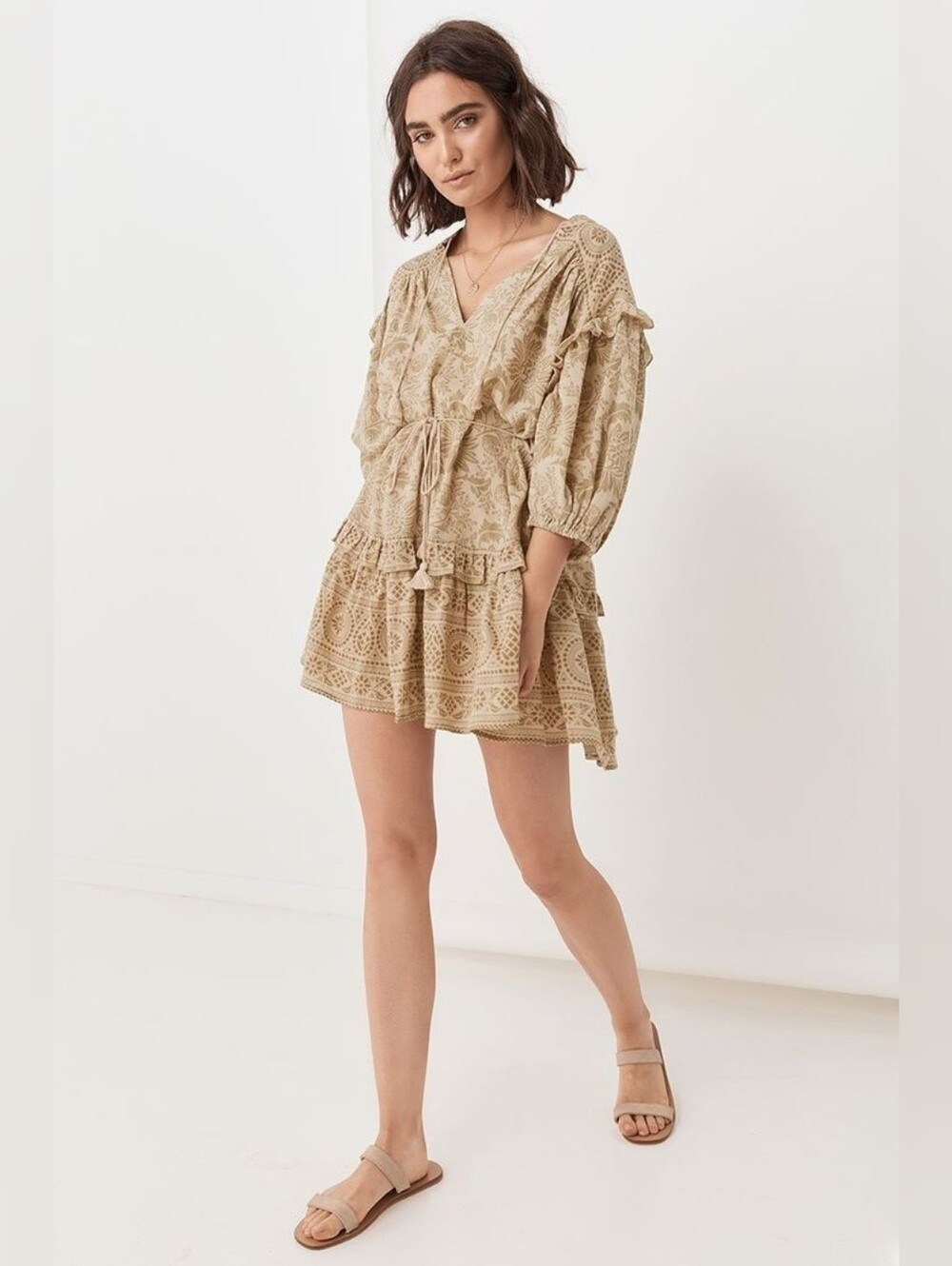 Spell Lioness Tunic Dress Beige Floral Babydoll Mini Sz XS Tassel Boho Romantic